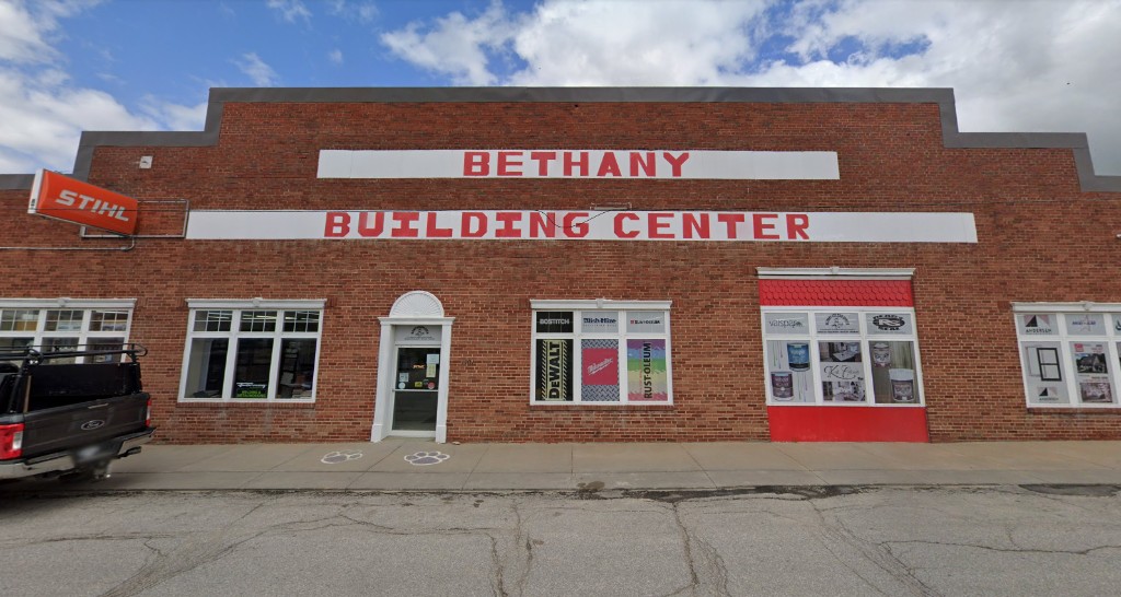 The Bethany Building Center storefront in downtown Bethany, Missouri