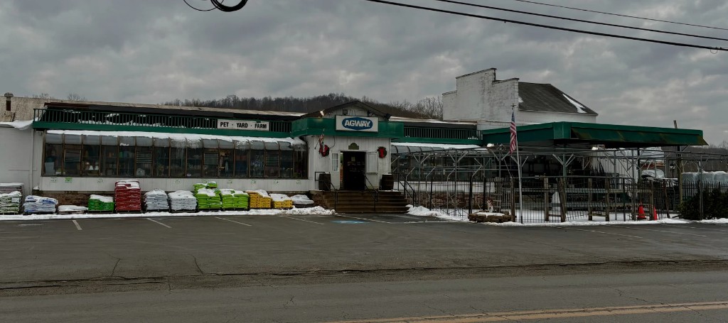 A long green-roofed farm and garden supply store faces an empty asphalt lot, with snow along its windows beneath a gray, overcast winter sky.