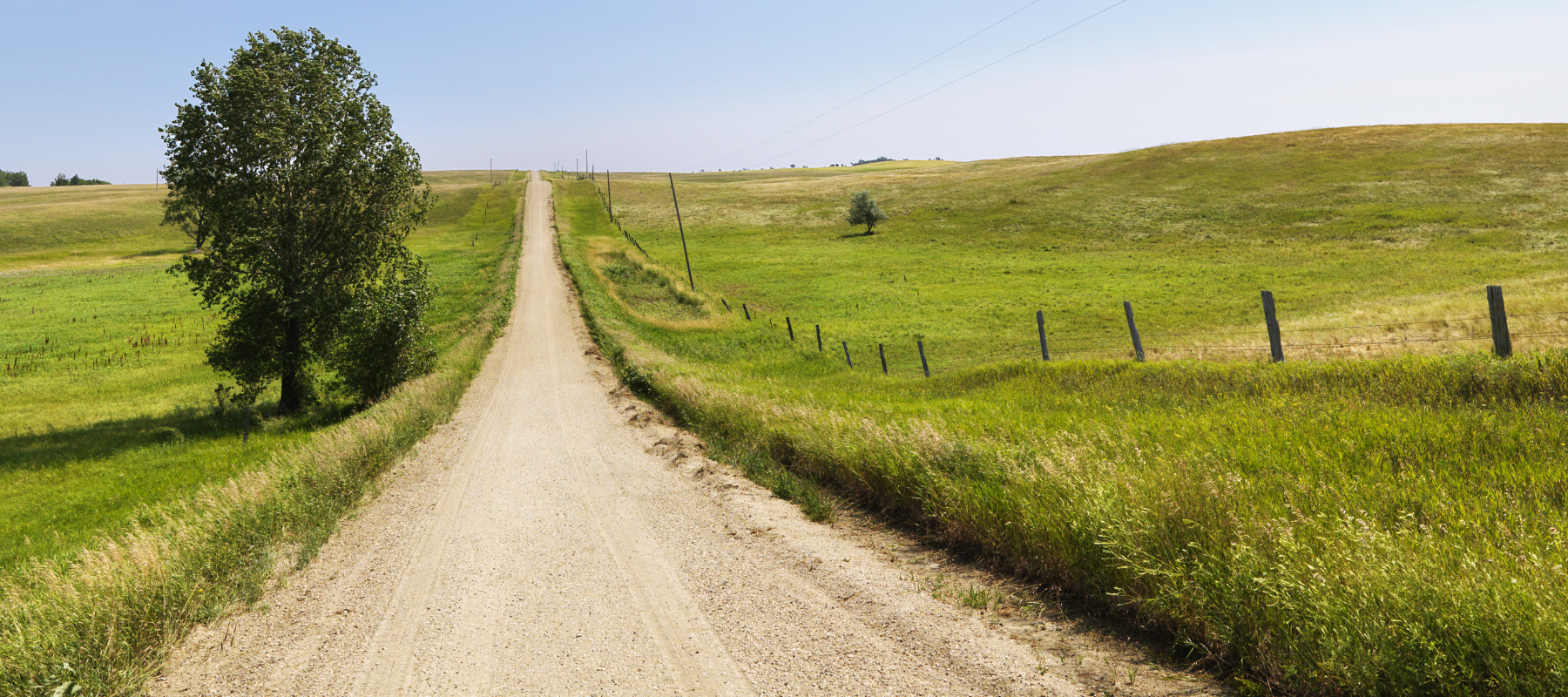 A dirt backroad going through fenced in pastures on a clear day