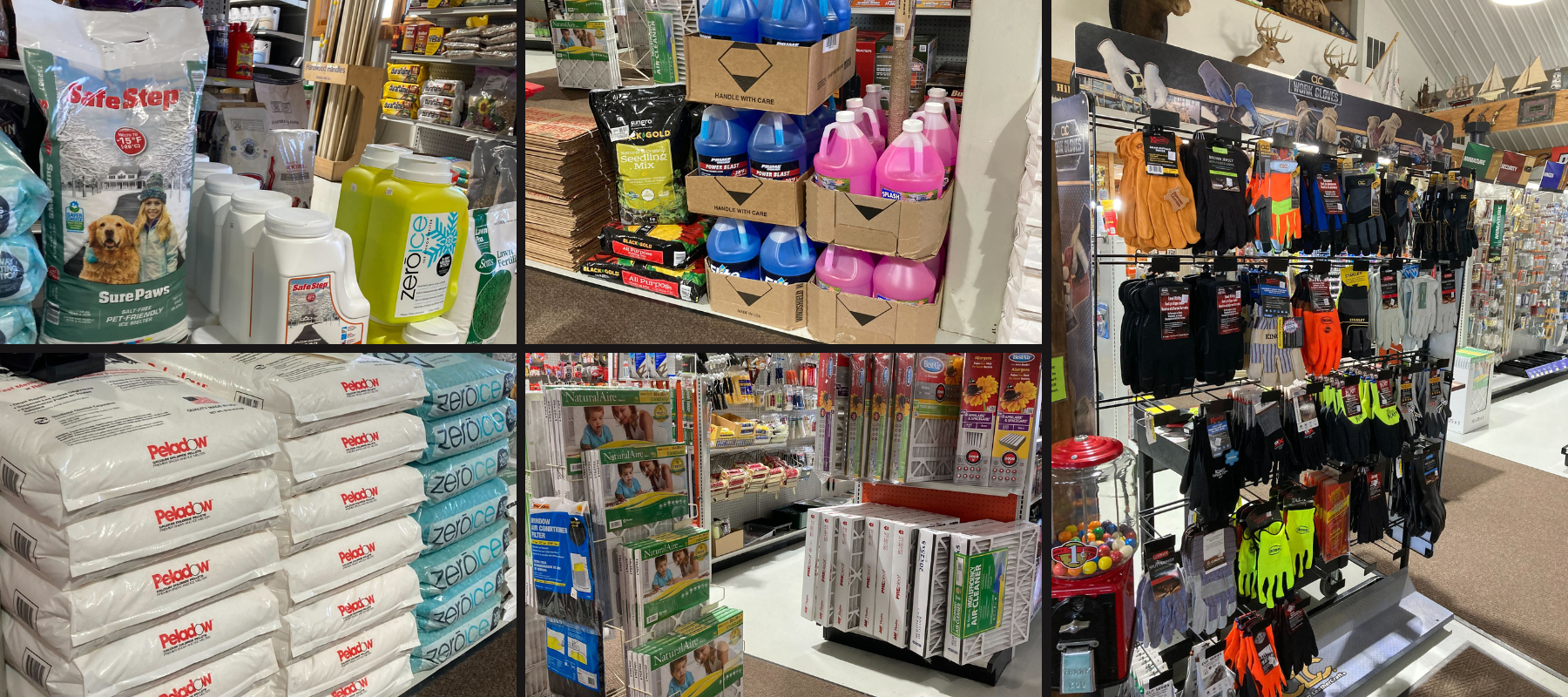 A hardware store aisle displays various products: pet food bags, colorful spray bottles, tools, and accessories