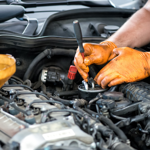 A car engine being worked on.