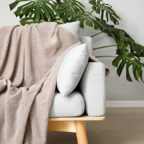 A light-gray armchair with white cushions and a draped beige knit throw sits beside lush monstera leaves, creating a calm, cozy living space.