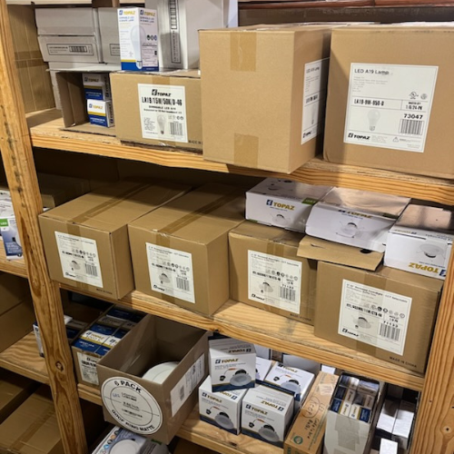 Boxes of supplies inside of S&S Wholesale warehouse
