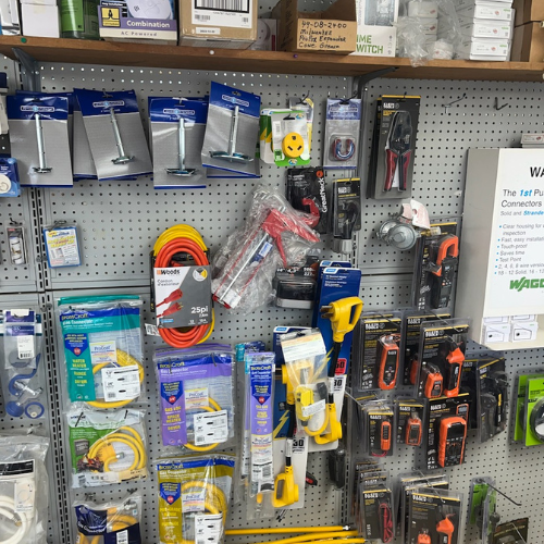 Various hand tools and supplies inside of S&S Wholesale warehouse