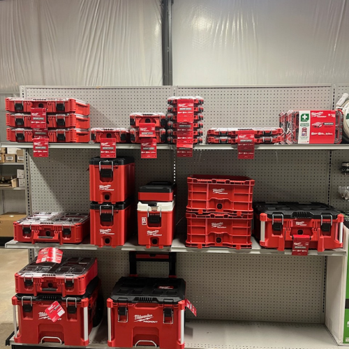 Various Milwaukee supplies inside of S&S Wholesale warehouse