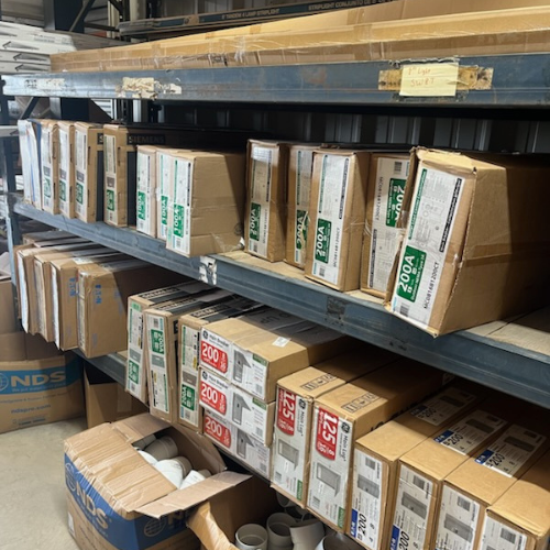 Boxes of supplies inside of S&S Wholesale warehouse