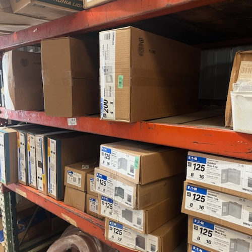 Boxes of supplies inside of S&S Wholesale warehouse