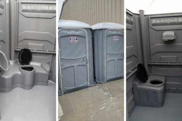 Three-panel illustration of a gray public restroom: a toilet, two restroom stall doors with signs, and a wall-mounted sink. The muted design feels clean and utilitarian.