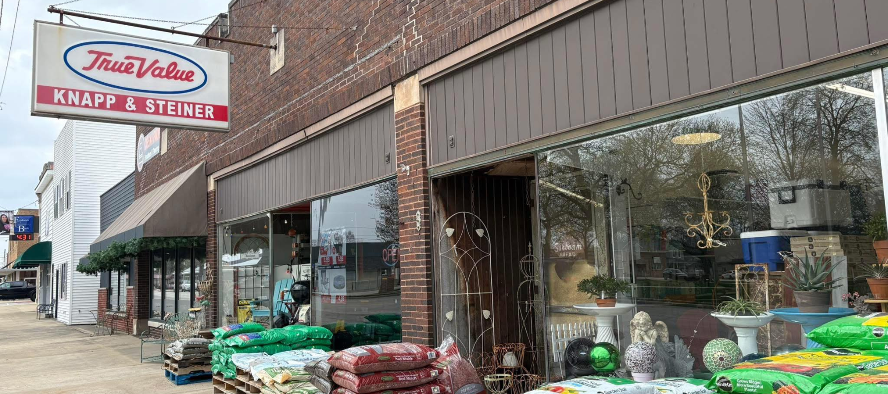The Knapp & Steiner Hardware storefront in downtown Cissna Park, Illinois