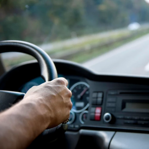A driver grips the steering wheel while traveling along a tree-lined road; the dashboard and blurred scenery convey focused, everyday driving.