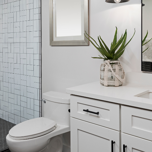 Bright modern bathroom with white subway tile, toilet, and white vanity topped with a woven planter holding a green aloe plant; clean, calm, minimalist style.