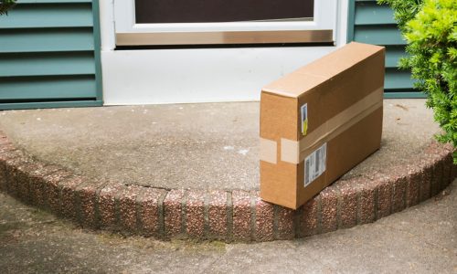 A brown cardboard package sits on a curved doorstep in front of a closed door. The area is bordered by green shrubs, suggesting a residential setting.