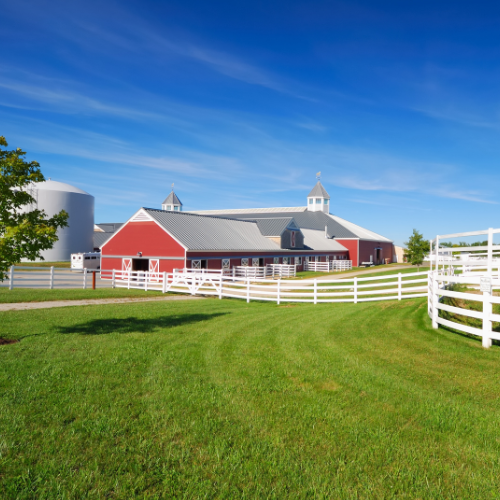 A red-and-white farm barn stands behind white rail fences and green pasture under a bright blue sky.